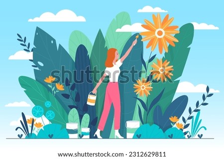 Optimistic positive mindset and good mood, psychology concept vector illustration. Cartoon happy girl holding paintbrush to paint beautiful flowers, color world, enjoy and change life with optimism