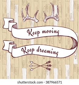 Optimistic poster with ribbon and horns in vintage style, vector 
