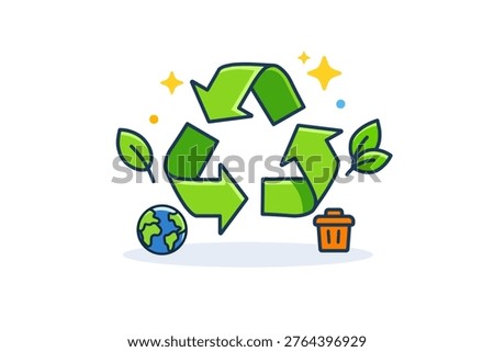 Optimistic Recycling Icon. Recycling and waste management awareness shown with a recycling symbol highlighted by small spark and leaf elements, expressing
