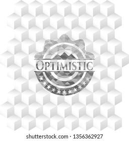 Optimistic retro style grey emblem with geometric cube white background
