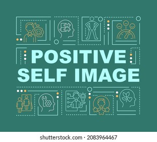 Optimistic self image word concepts banner. Improve self-perception. Infographics with linear icons on green background. Isolated creative typography. Vector outline color illustration with text