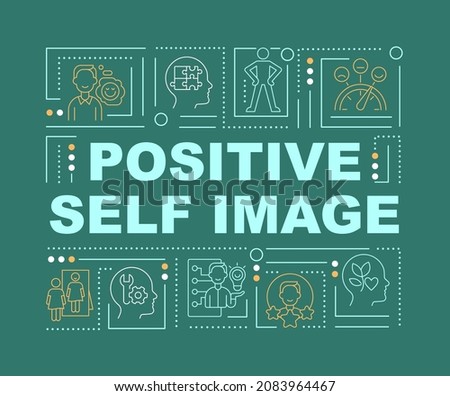 Optimistic self image word concepts banner. Improve self-perception. Infographics with linear icons on green background. Isolated creative typography. Vector outline color illustration with text
