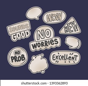 Optimistic social media stickers pack. Positive sayings flat vector illustrations set.Carefree phrases for chatting. Greeting card, postcard typography. Letterings and empty speech bubbles collection