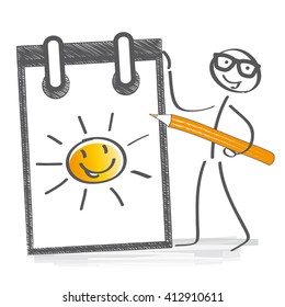 optimistic stick figure drawing a sun in a notebook