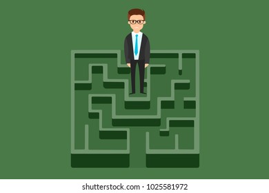Optimistic successful smiling businessman standing entering in green square labyrinth maze. Find the way out. Searching solution for problem confusing business concept. Eps vector illustration.