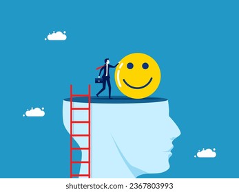 Optimistic thoughts. man with happiness icon standing on big head