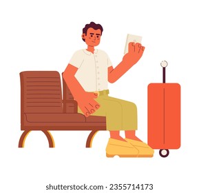 Optimistic traveler looking on smartphone semi flat color vector character. Editable full body person sitting on wooden bench on white. Simple cartoon spot illustration for web graphic design
