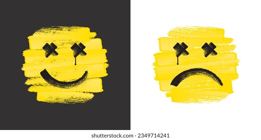 Optimistic Versus Pessimistic Concept with Happy Smiling and Unhappy Sad Faces over Negative and Positive Backgrounds Consequently - Yellow Brush Strokes on Black and White - Vector Graphic Design