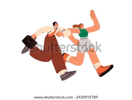 Optimistic vs pessimistic state, attitude to life challenges. Happy woman and sad tired man keeping up, running, rushing. Psychology concept. Flat vector illustration isolated on white background