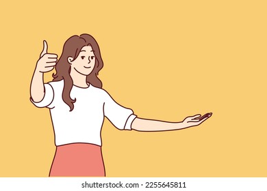 Optimistic woman in casual wear showing thumbs up approving good choice or recommending something. Girl stretches hand to side raising empty palm to demonstrate your product. Flat vector design 