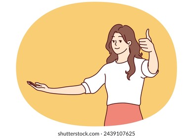 Optimistic woman in casual wear showing thumbs up approving good choice or recommending something. Girl stretches hand to side raising empty palm to demonstrate your product. Flat vector design