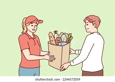 Optimistic woman courier handing out delivered food items to man online store customer. Young girl supermarket worker with smile serves customer and makes career in retail field. Flat vector design 