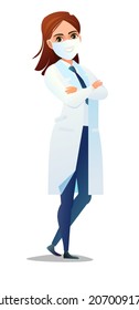 Optimistic woman doctor in dressing gown and humor mask. Cheerful persons in standing pose. Cartoon comic style flat design. Separate girl character. Illustration isolated white background. Vector