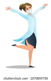 Optimistic woman doctor in dressing gown and humor mask. Cheerful persons in standing pose. Cartoon comic style flat design. Separate girl character. Illustration isolated white background. Vector