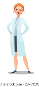 Optimistic woman doctor in dressing gown. Cheerful persons in standing pose. Cartoon comic style flat design. Separate girl character. Illustration isolated on white background. Vector