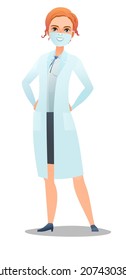 Optimistic woman doctor in dressing gown and humor mask. Cheerful persons in standing pose. Cartoon comic style flat design. Separate girl character. Illustration isolated white background. Vector.