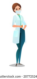 Optimistic woman doctor in dressing gown and humor mask. Cheerful persons in standing pose. Cartoon comic style flat design. Separate girl character. Illustration isolated white background. Vector.