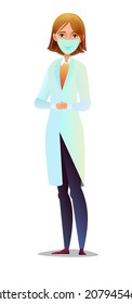 Optimistic woman doctor in dressing gown and humor mask. Cheerful persons in standing pose. Cartoon comic style flat design. Separate girl character. Illustration isolated white background. Vector.