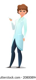 Optimistic woman doctor in dressing gown. Cheerful persons in standing pose. Cartoon comic style flat design. Separate girl character. Illustration isolated on white background. Vector.