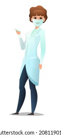 Optimistic woman doctor in dressing gown and humor mask. Cheerful persons in standing pose. Cartoon comic style flat design. Separate girl character. Illustration isolated white background. Vector.