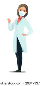 Optimistic woman doctor in dressing gown and humor mask. Cheerful persons in standing pose. Cartoon comic style flat design. Separate girl character. Illustration isolated white background. Vector.