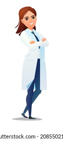 Optimistic woman doctor in dressing gown. Cheerful persons in standing pose. Cartoon comic style flat design. Separate girl character. Illustration isolated on white background. Vector.