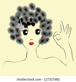 optimistic woman with flowers in her hair and yellow background