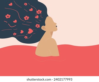 Optimistic woman in a river trying to renew herself and get rid of negative emotions. Female recoveries of mental health disorders at a rehabilitation center. Wellbeing or rebirth concept. Vector 