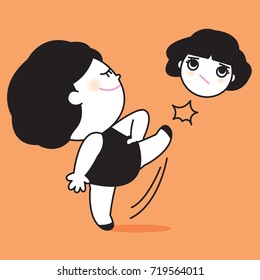 Optimistic Worker Woman Kicks Hits Stressed Head As Hard As She Can Concept Card Character illustration