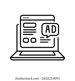 optimization advertising inserts media black line icon for digital and print projects.  Minimal clean icons for apps and websites. Modern simple icons for UI UX and branding