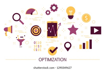 Optimization concept. Idea of improvement and development. Technology and internet. Fix and repair. Set of colorful icons. Isolated flat vector illustration