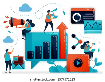 Optimización y desarrollo del crecimiento empresarial con publicidad y promoción. Estrategia, planificación y análisis de la comercialización en Internet. Ilustración humana vectorial plana para página de aterrizaje, sitio web, móvil, afiche