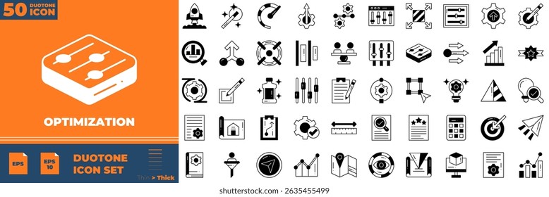 Conjunto de ícones editáveis duotônicos de otimização. Ilustração vetorial em estilo duotônico fino moderno de ícones de otimização: eficiente, sistema, melhoria, etc