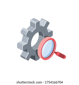 Optimization gear magnifier. Vector 3d isometric, color web icon, new flat style. Creative illustration design, isolated graphic idea for infographics.