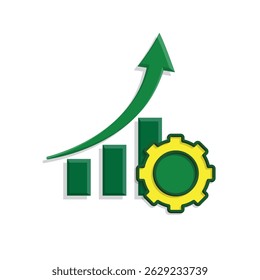 Optimization icon. Data Optimization. Up chart with arrows and gears. Symbol for Process, automation, productivity. Simple 3d design style