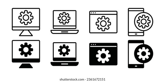 Icono de optimización. Engranar en los dispositivos. Sincronizar proceso, opción, panel de control, símbolo de icono de configuración en línea y estilo plano. Ilustración del vector