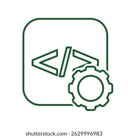 Optimization icon. IT Infrastructure Optimization. Programming code with gears. Symbol for Process, productivity. Line design style