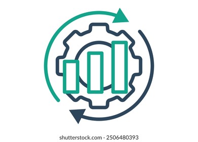 Symbol "Optimierung". Liniensymbolstil. Diagramm mit Zahnrad und Pfeil. Symbol für Effizienz. Produktivitätselemente, Vektorgrafik