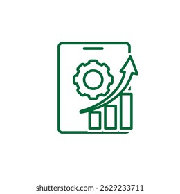 Optimization icon. Mobile App Optimization. Smartphone with gears and graph going up. symbol for automation, productivity. Line design style