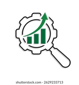 Optimization icon. SEO Optimization. magnifying glass like a gear with an upward graph. symbol for Process, automation, productivity. Mixed design style