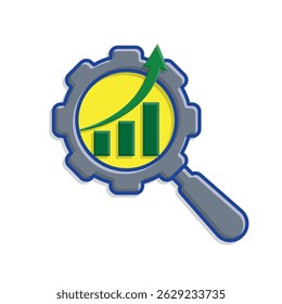 Symbol "Optimierung". SEO-Optimierung. Vergrößerungsglas wie ein Zahnrad mit einem Graph nach oben. Symbol für Prozess, Automatisierung, Produktivität. 3D einfacher Design-Stil