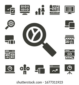 optimization icon set. 17 filled optimization icons. Included Responsive, Seo, Analytics, Cms, Market, Html, Binary code, Development, Web design, Program icons