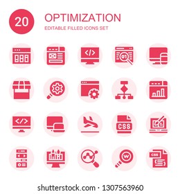 optimization icon set. Collection of 20 filled optimization icons included Analytics, Wireframe, Programming, Coding, Responsive, Market, Search engine optimization, Web design