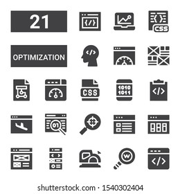 optimization icon set. Collection of 21 filled optimization icons included Html, Web development, Planer, Landing page, Web design, Analytics, Search engine, Coding, Programming