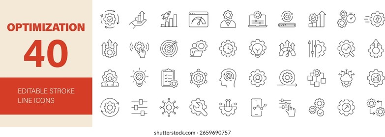 Conjunto de iconos de optimización. Contiene desarrollo, mejora, proceso, configuración, configuración, flujo de trabajo, equipo, control, automatización, productividad y más. Iconos de línea editables. Ilustración vectorial.
