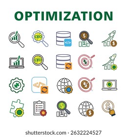 Optimization icon set. Database, workflow, SEO, Network, Digital Marketing, etc. Symbol for Process, automation, productivity. Mixed design style