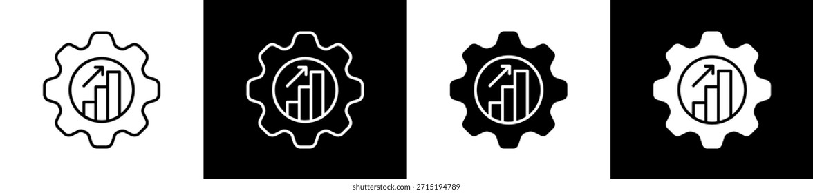 Icono de optimización establecido en línea y estilo de glifo sobre fondo blanco y negro