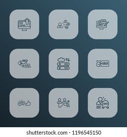 Optimization icons line style set with SEO training, traffic growth, SEO tag and other copyrighting elements. Isolated vector illustration optimization icons.