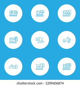 Optimization icons line style set with upload, responsive design, video content and other music elements. Isolated vector illustration optimization icons.