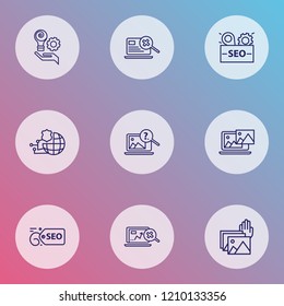 Optimization icons line style set with SEO tag, photo presentation, image search and other intelligence elements. Isolated vector illustration optimization icons.